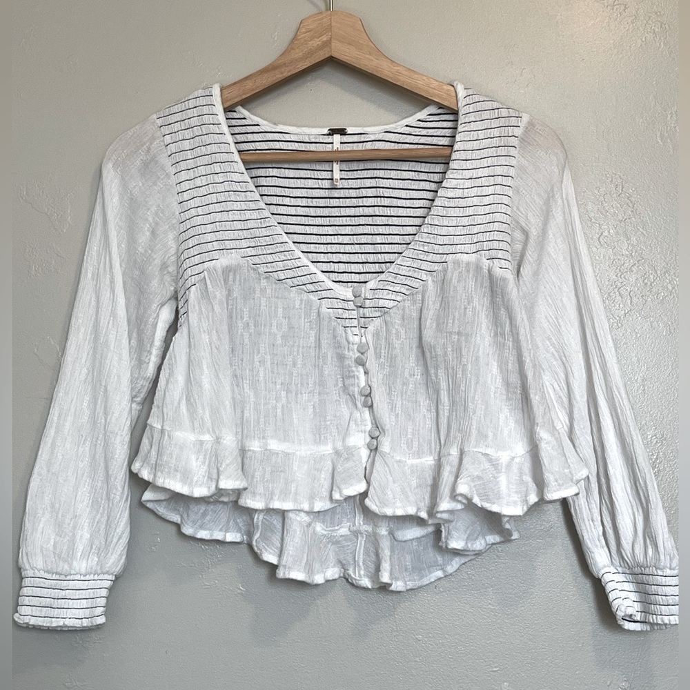 Free People White Cotton Smocked & Striped Women's Top